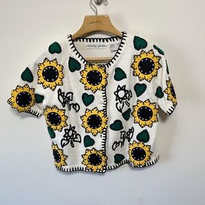 Vintage Michael Simon Sunflower Cardigan Sweater Womens M Cottage Cute Boho 90s
